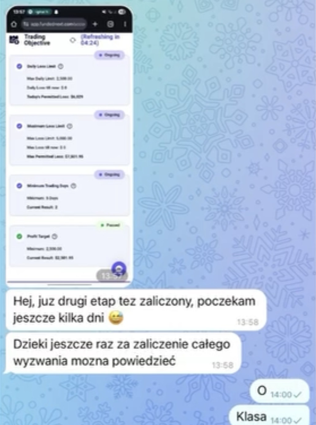 Wiadomość uczestnika po zaliczeniu kolejnego etapu wyzwania